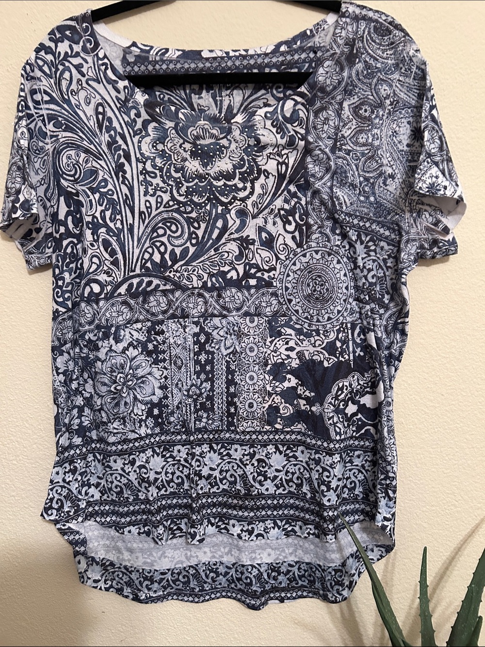 Style & Co. Navy and White Paisley Short Sleeve Top